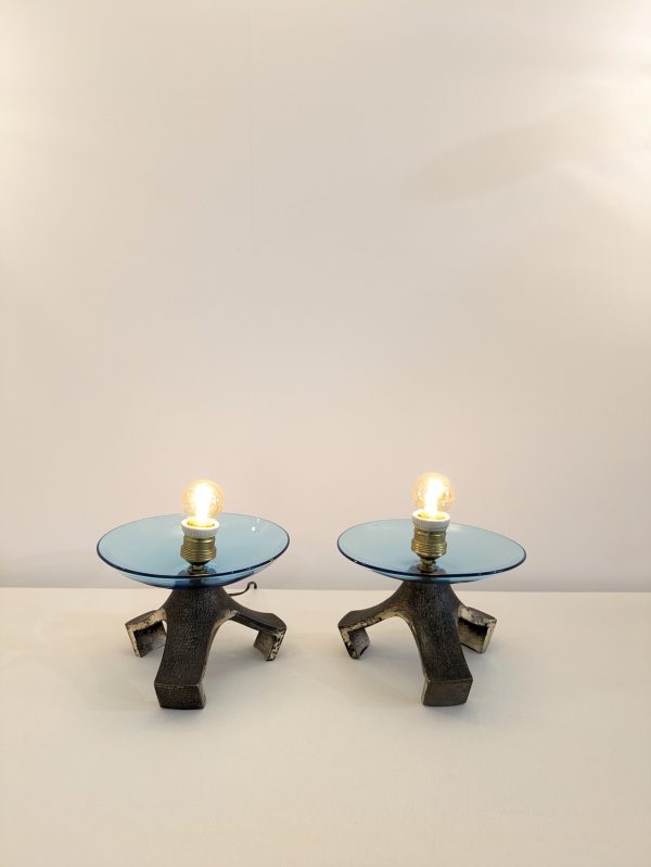Pair of blue Murano glass table lamp and silvered cast iron base, Italy, 1970's - Image 10