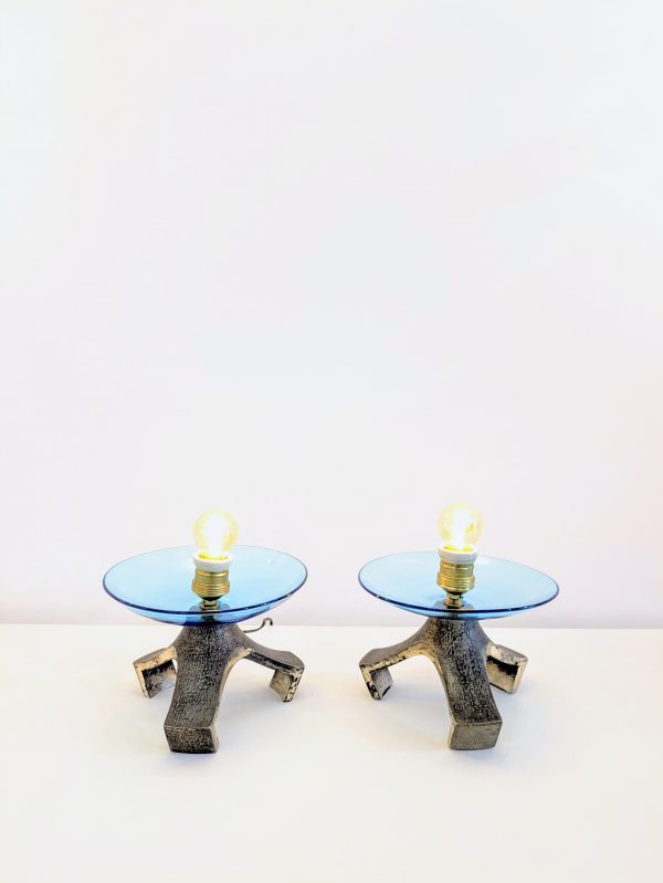Pair of blue Murano glass table lamp and silvered cast iron base, Italy, 1970's - Image 9