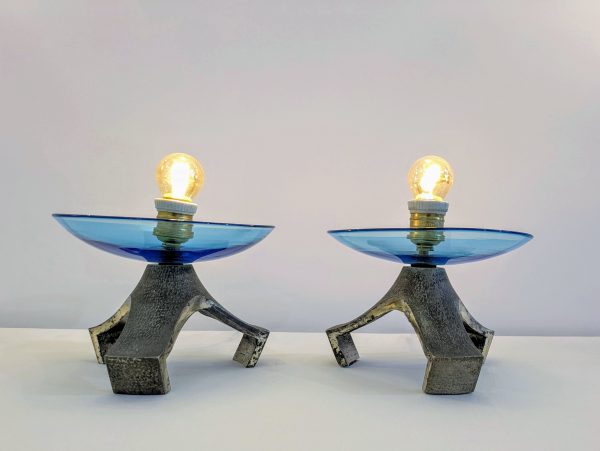 Pair of blue Murano glass table lamp and silvered cast iron base, Italy, 1970's - Image 7