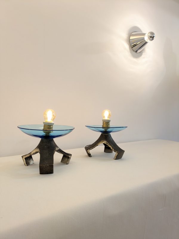 Pair of blue Murano glass table lamp and silvered cast iron base, Italy, 1970's - Image 3