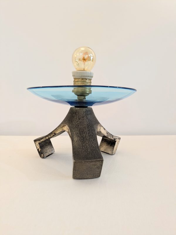 Pair of blue Murano glass table lamp and silvered cast iron base, Italy, 1970's - Image 6