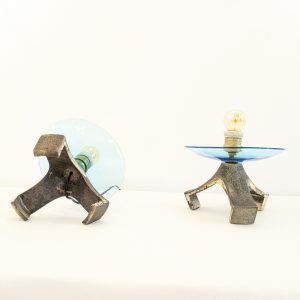 Pair of blue Murano glass table lamp and silvered cast iron base, Italy, 1970's