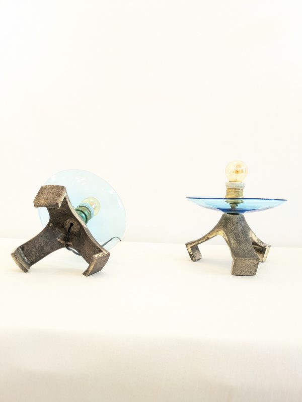 Pair of blue Murano glass table lamp and silvered cast iron base, Italy, 1970's