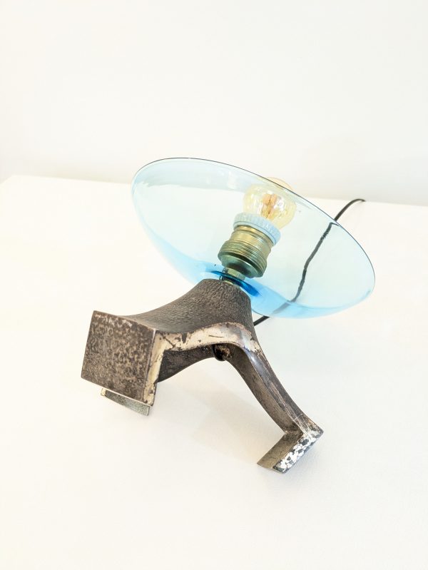 Pair of blue Murano glass table lamp and silvered cast iron base, Italy, 1970's - Image 4