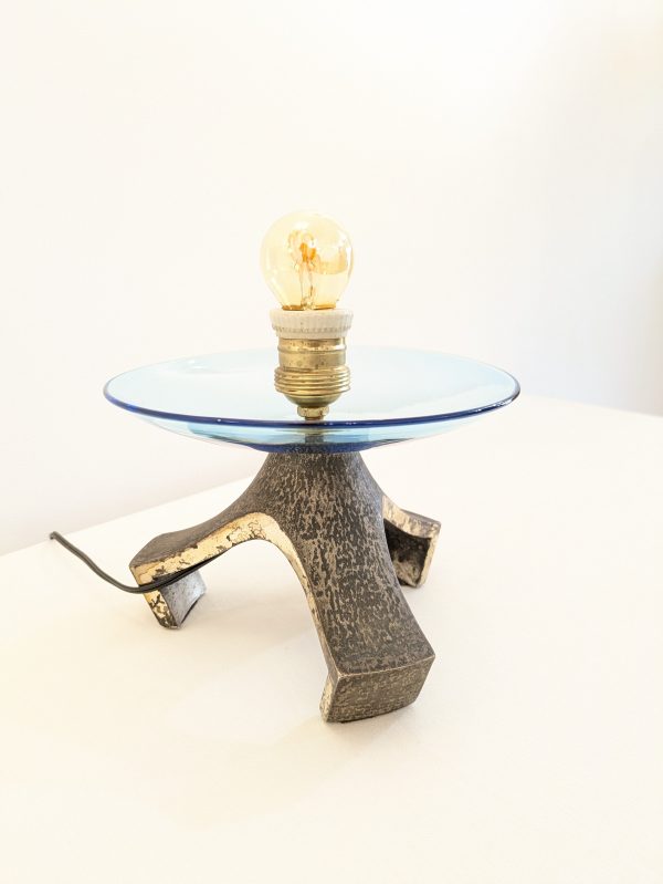 Pair of blue Murano glass table lamp and silvered cast iron base, Italy, 1970's - Image 5