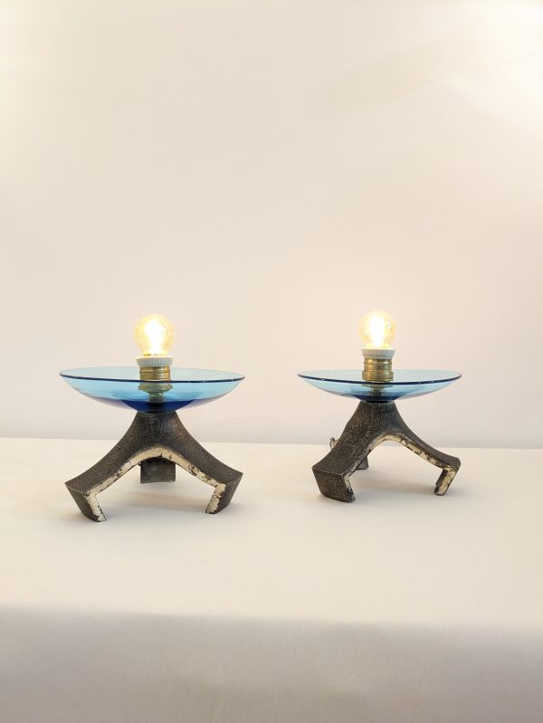 Pair of blue Murano glass table lamp and silvered cast iron base, Italy, 1970's - Image 2