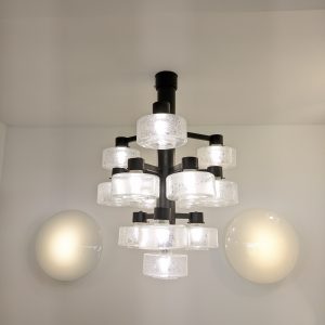 Modern glass Chandelier, 13 lights, attributed to Raak Amsterdam, 1960's